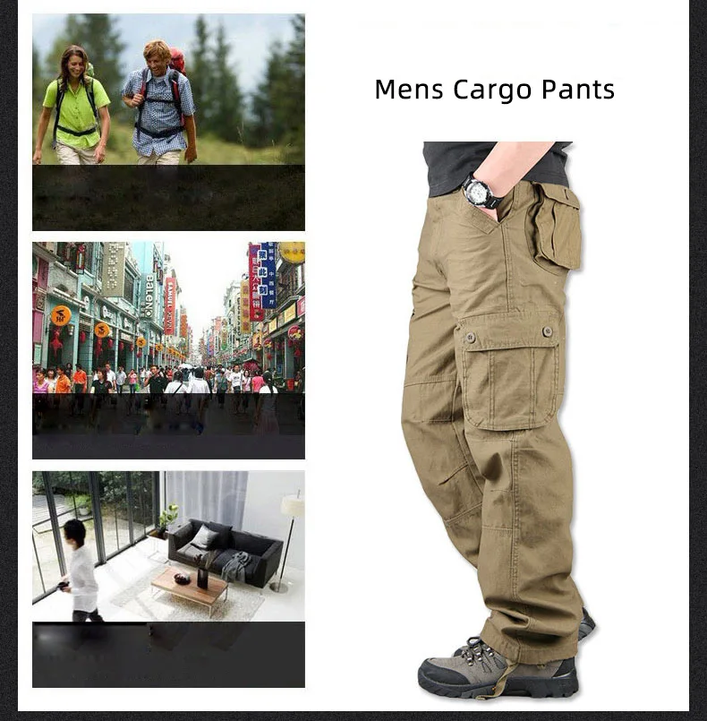 Spring Autumn Mens Cargo Pants Multi Pocket Khaki Trousers Casual Military Cotton Pants Men Plus Size Pantalon Cargo Homme combat trousers