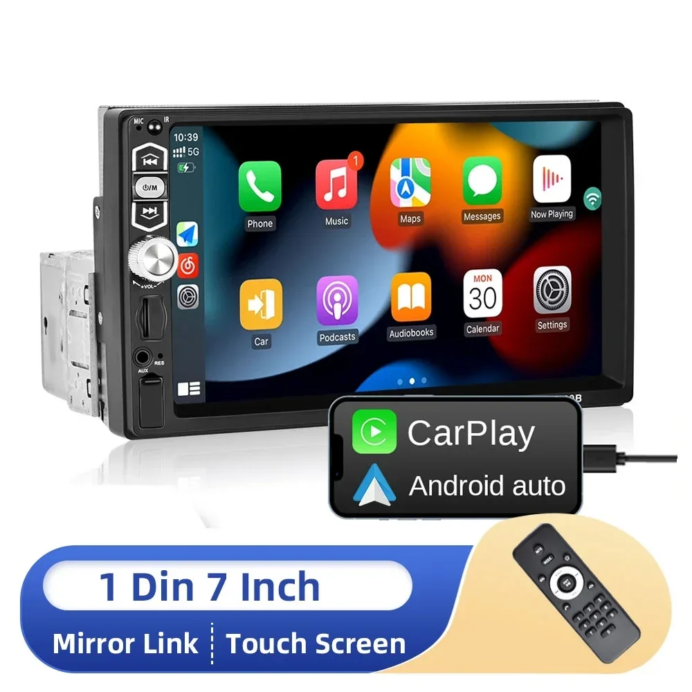 Autoradio Universale Autoradio 7 "1Din Touch Screen Lettore Multimediale Audio Stereo Bluetooth Wirless Carplay Android Auto