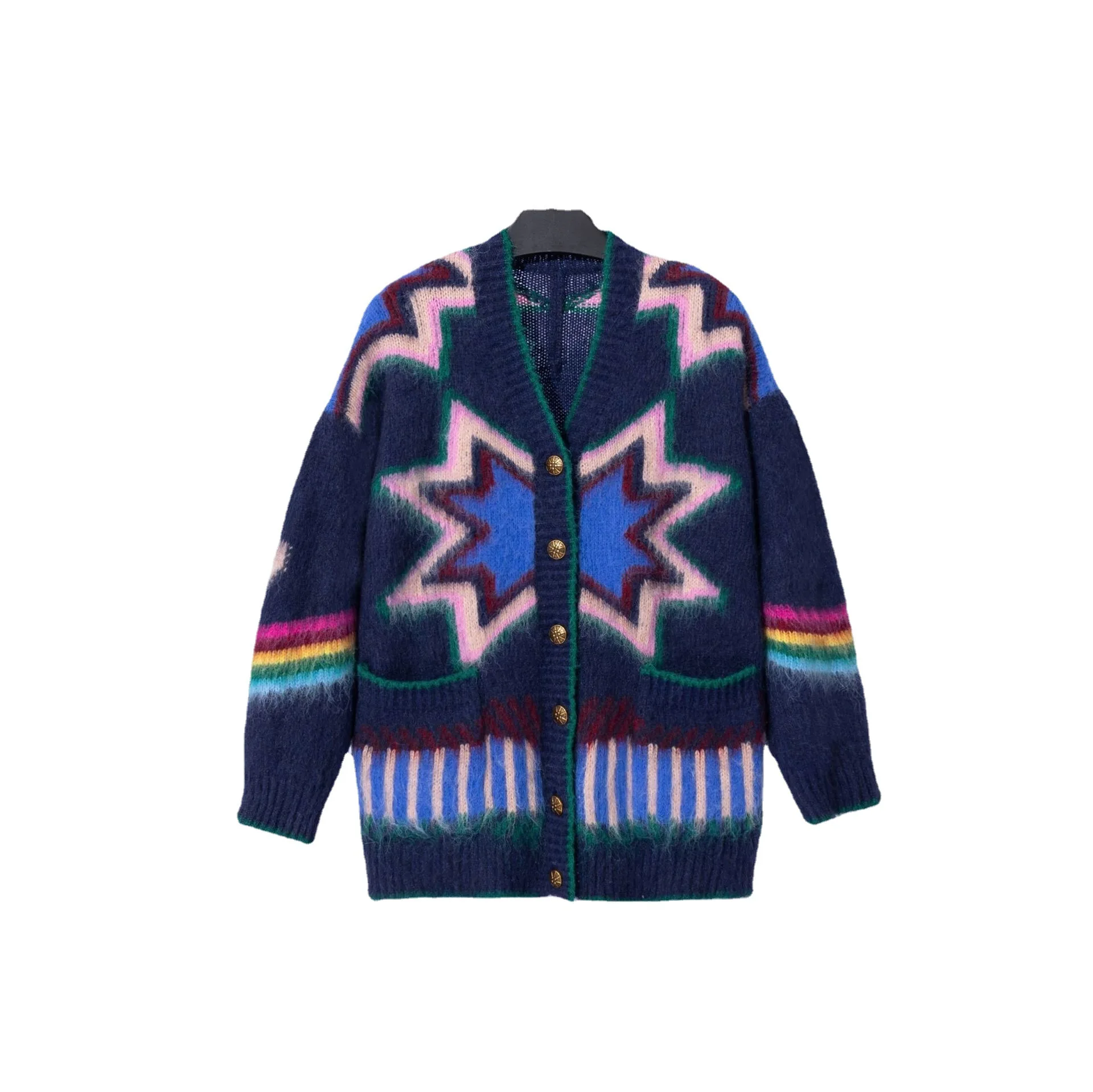 Autumn and Winter New Women Clashing Long-sleeved Knitted Cardigan Jacket Rainbow Jumper Wool Blend