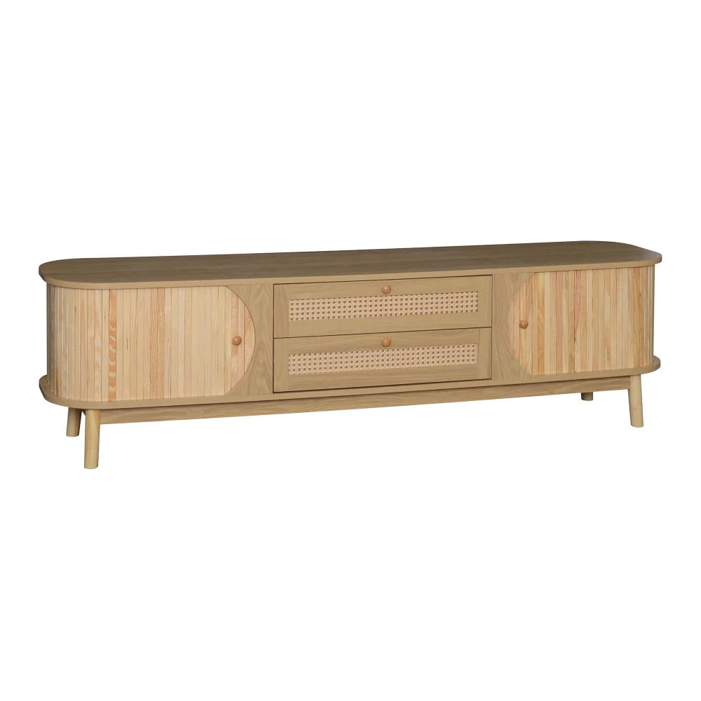 TV-Schrank, TV-Schrank aus Naturholzmischung mit Türen und Schubladen, TV-Ständer mit Rattan-Seiten. Lagerlösung Natur – Detail 11
