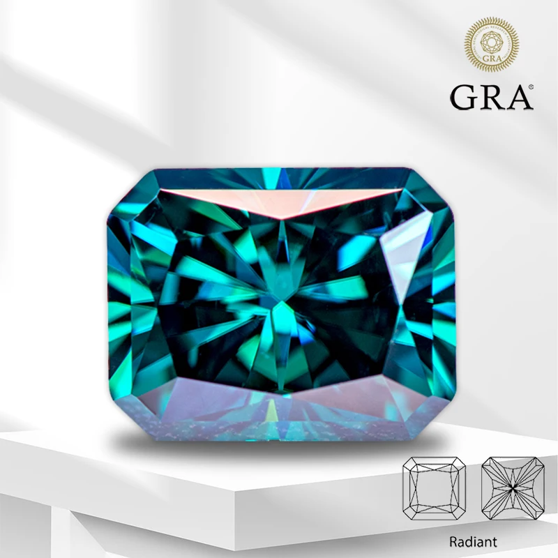 

Moissanite Diamond Emerald Green Primary Color Radiant Cut Lab Grown Gemstone for Charms Jewelry Making with GRA Certificate