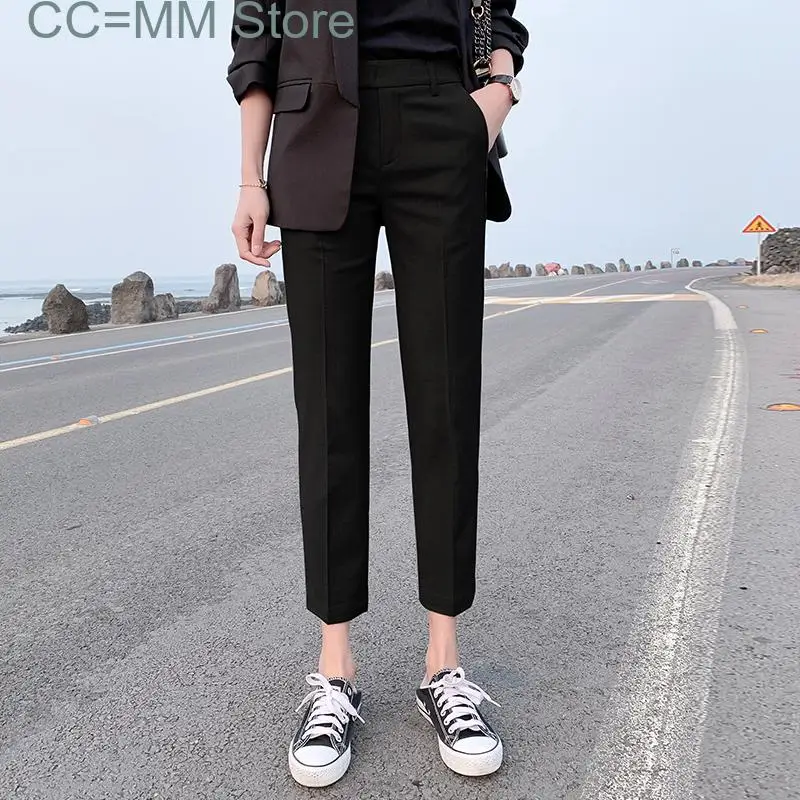 New Pants Women Office Ladies Grey Suit Straight Cargo Ankle-Length Pants Summer Korean Vintage High Waist Clothing