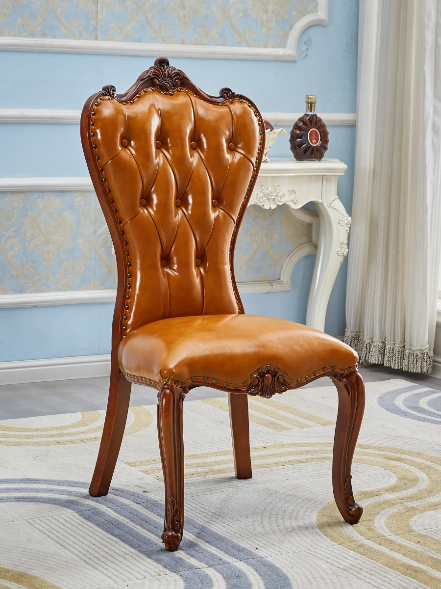 

Стулья в европейском стиле, домашние спинки, обивка из натуральной кожи из массива дерева, Повседневная Ретро, удобная, Резные узоры