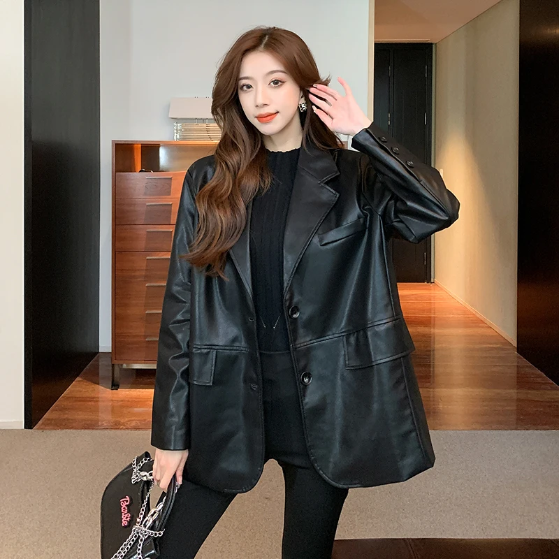 

UNXX Black Retro Casual Leather Women's Suit Jacket 2024 New Early Spring and Autumn High-end Loose All-match Lady Suit Coat Top