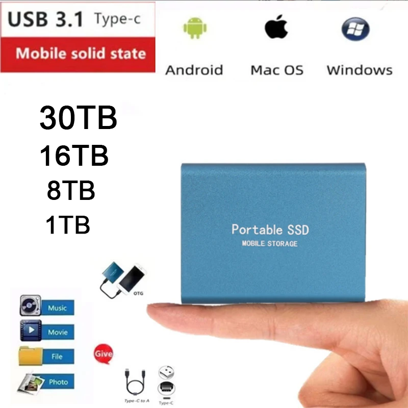SSD 외장 60 테라바이트 플래시 드라이브 타입-C USB3.1 30 테라바이트 16 테라바이트 SSD 드라이브, 휴대용, 4 테라바이트, 미니 슬림, 고속 전송, 외장 플래시 장치