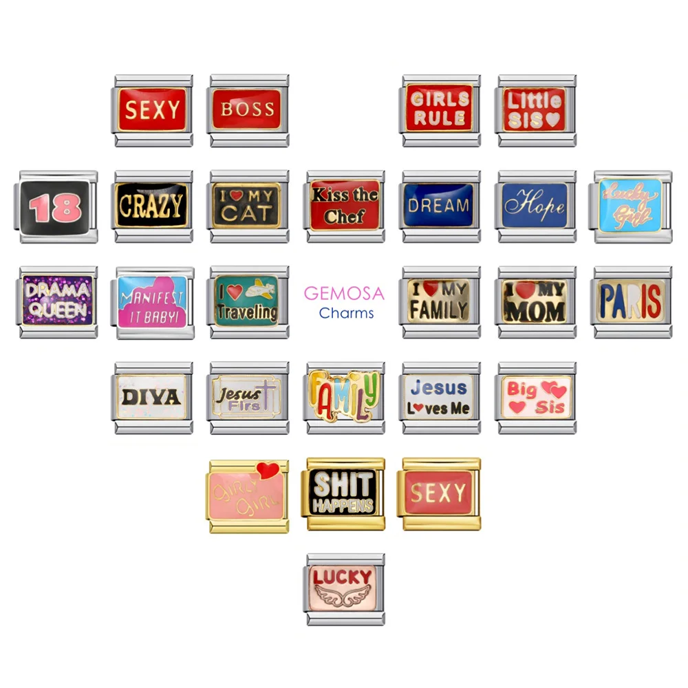 GEMOSA Individualisierung Bunte englische Wörter Italienischer Link Passend für 9 mm Edelstahl-Charm-Armbänder zur Herstellung von DIY-Perlen-Schmuck