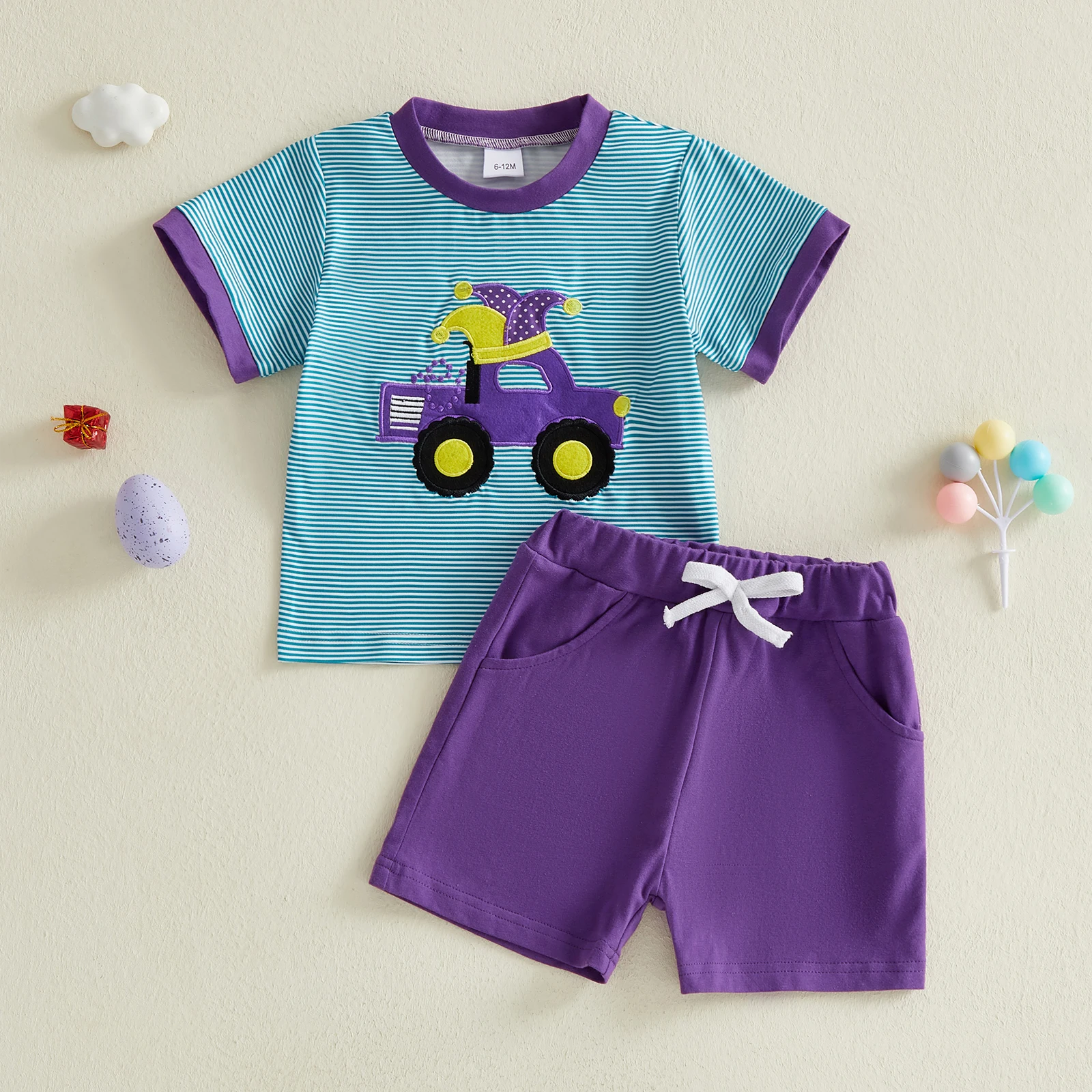 Boys Summer 2 Piece Set Short Sleeve Round Neck Dinosaur Print Striped Tops and Shorts Outfit for Carnival Fun