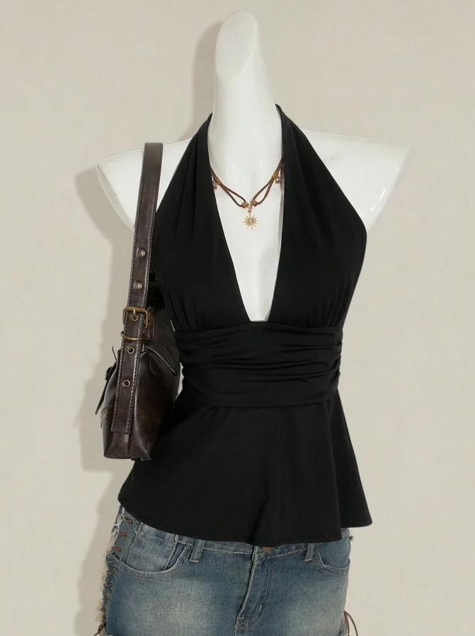 Damen-Top mit Polka-Dot-Muster, ärmellos, tiefer V-Ausschnitt, rückenfrei, zum Binden, Peplum-Top für den Sommer, Streetwear – Detail 4