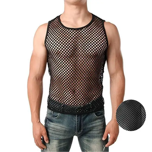 Տղամարդկանց սեքսուալ ցանցից տանկի վերնաշապիկներ Թափանցիկ էոտիկ հագուստ Ձկնորսական ցանց Անթև ժիլետ թափանցիկ բարակ ֆիթնես սպորտային վերնաշապիկներ 1