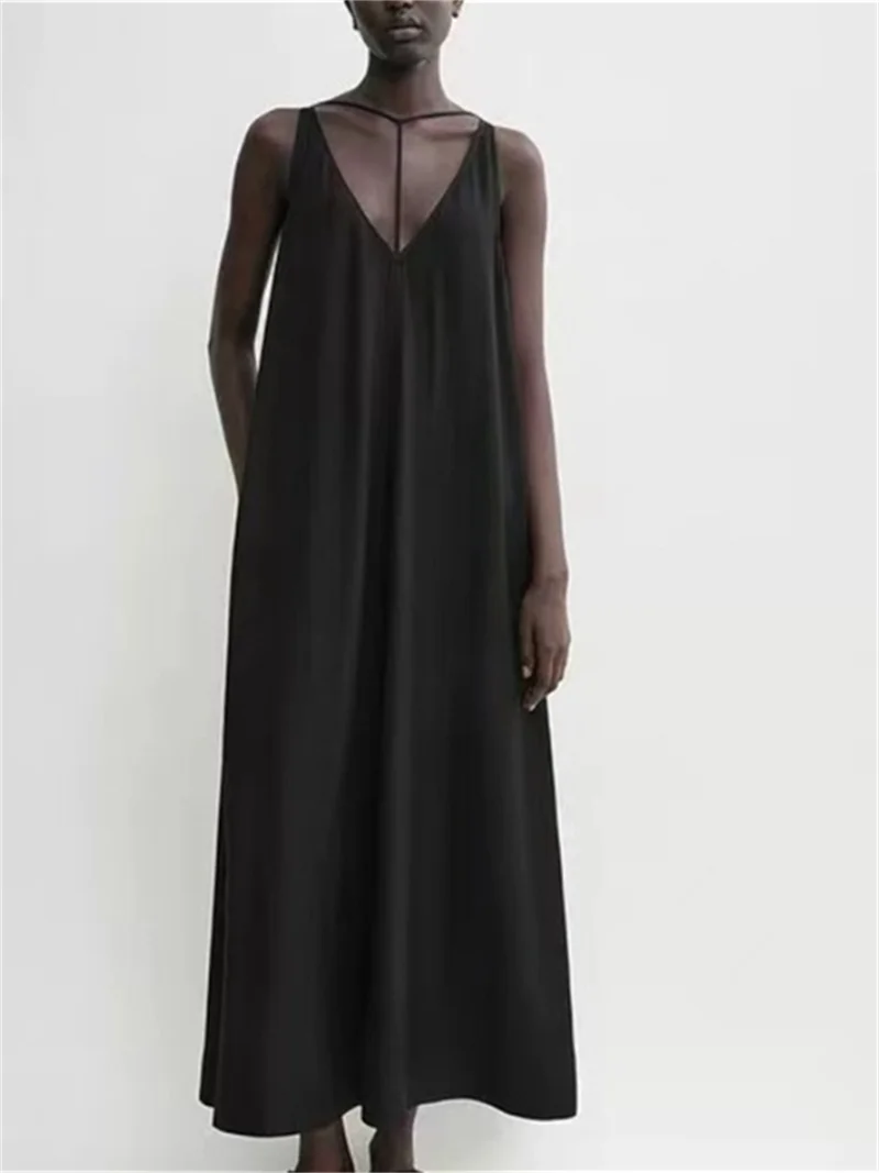 

Женское черное платье-трапеция без рукавов, повседневное Длинное свободное платье на шнуровке с V-образным вырезом для ранней осени, новинка 2024