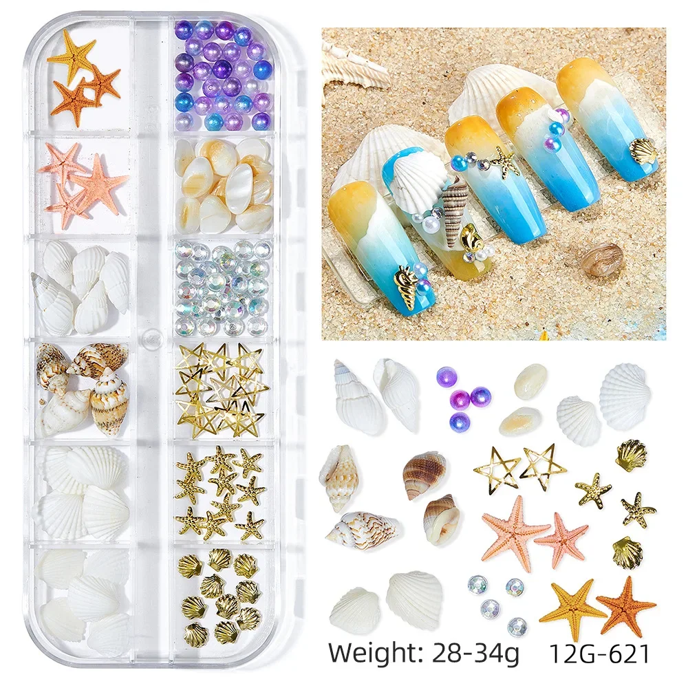 12 Grids Sea Ocean Nail Charms Blue Aurora Shell Moon Star Heart Starfish Pearl Flake Slice Summer Jewelry 3D Kawaii Decoration 6