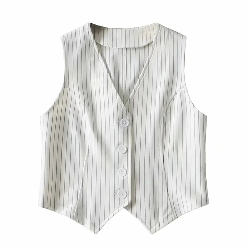 Women Stripe Vest Suit Waistcoat Vest Ladies V-Neck Career Crop Tops Office Formal Work Wear Elegant OL Outerwear Fall Mujer