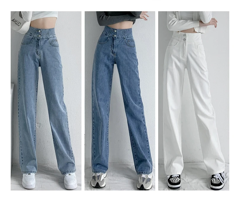 2022 New Jeans Women's Jeans Baggy High Waist Button Straight Pants Women Blue White Fashion Casual Loose  Trousers womens clothing