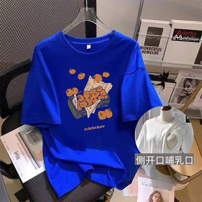 산후 여성 느슨한 간호 티셔츠 사이드 오프닝 여름 코튼 모유 수유 여성 캐주얼 반소매 탑 WT020