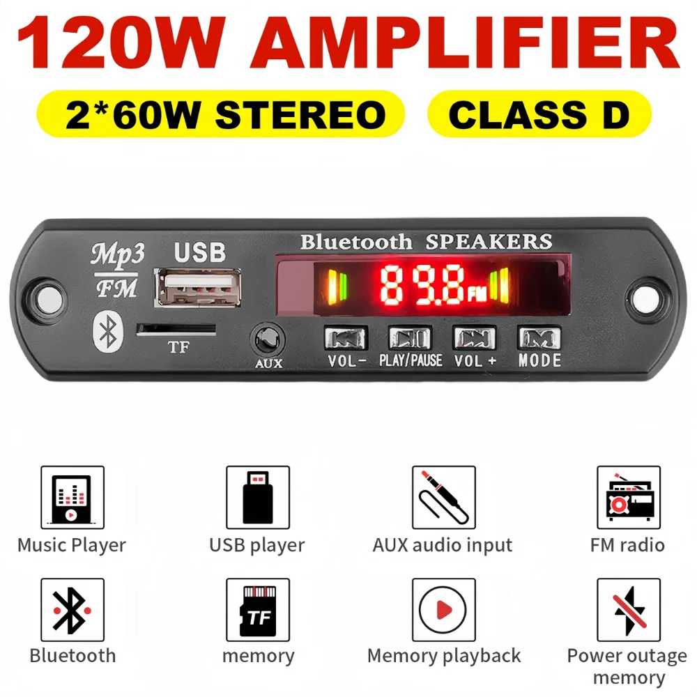 120 Вт 50 Вт усилитель Bluetooth DIY MP3 WAV декодер плата DC 12 В 60 Вт 25 Вт беспроводной Автомобильный USB MP3-плеер TF слот для карты USB FM с микрофоном
