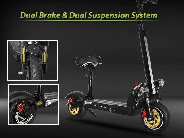 Foldable dual brake and dual suspension system electric scooter for adults.