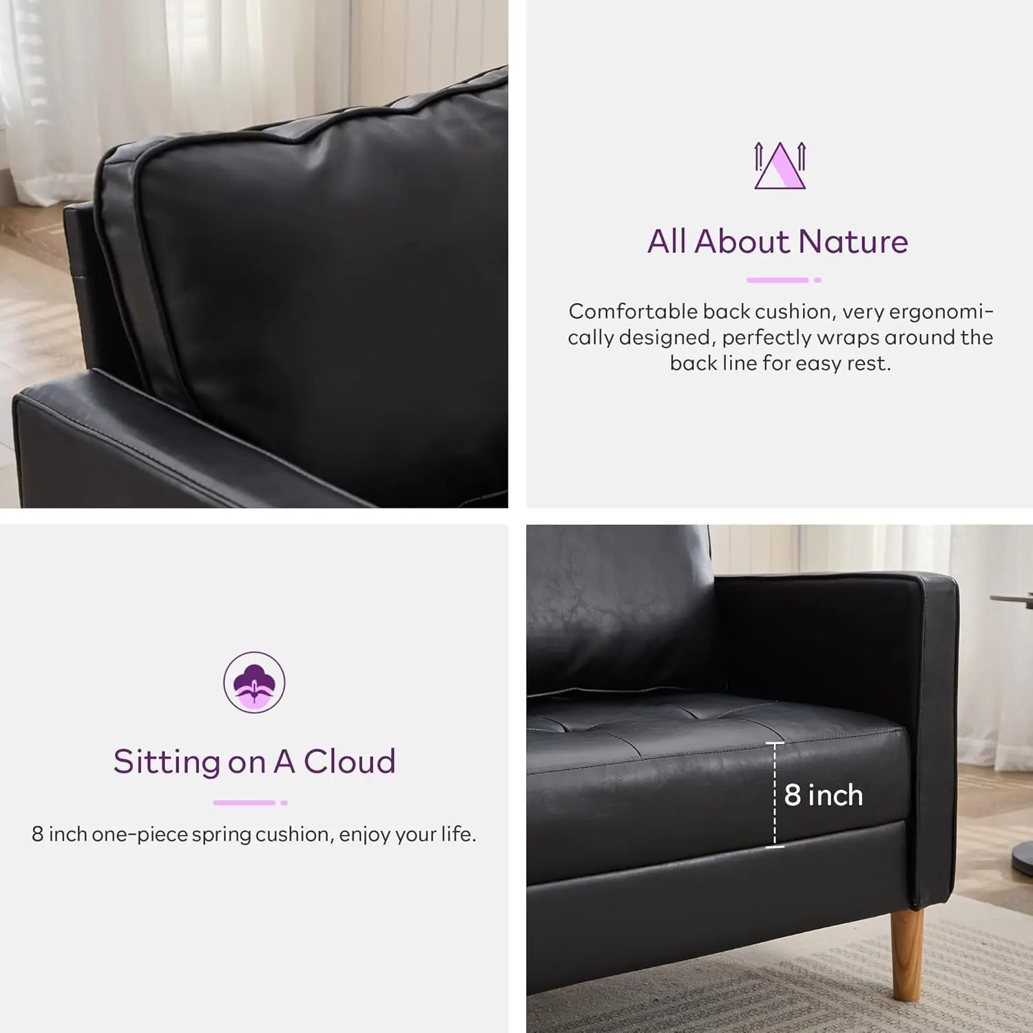 57" Small Black Faux Leather Sofa Couches f Mid-Century Modern Tufted Comfy Loveseat, 2 Seater Office Couch Love Seat