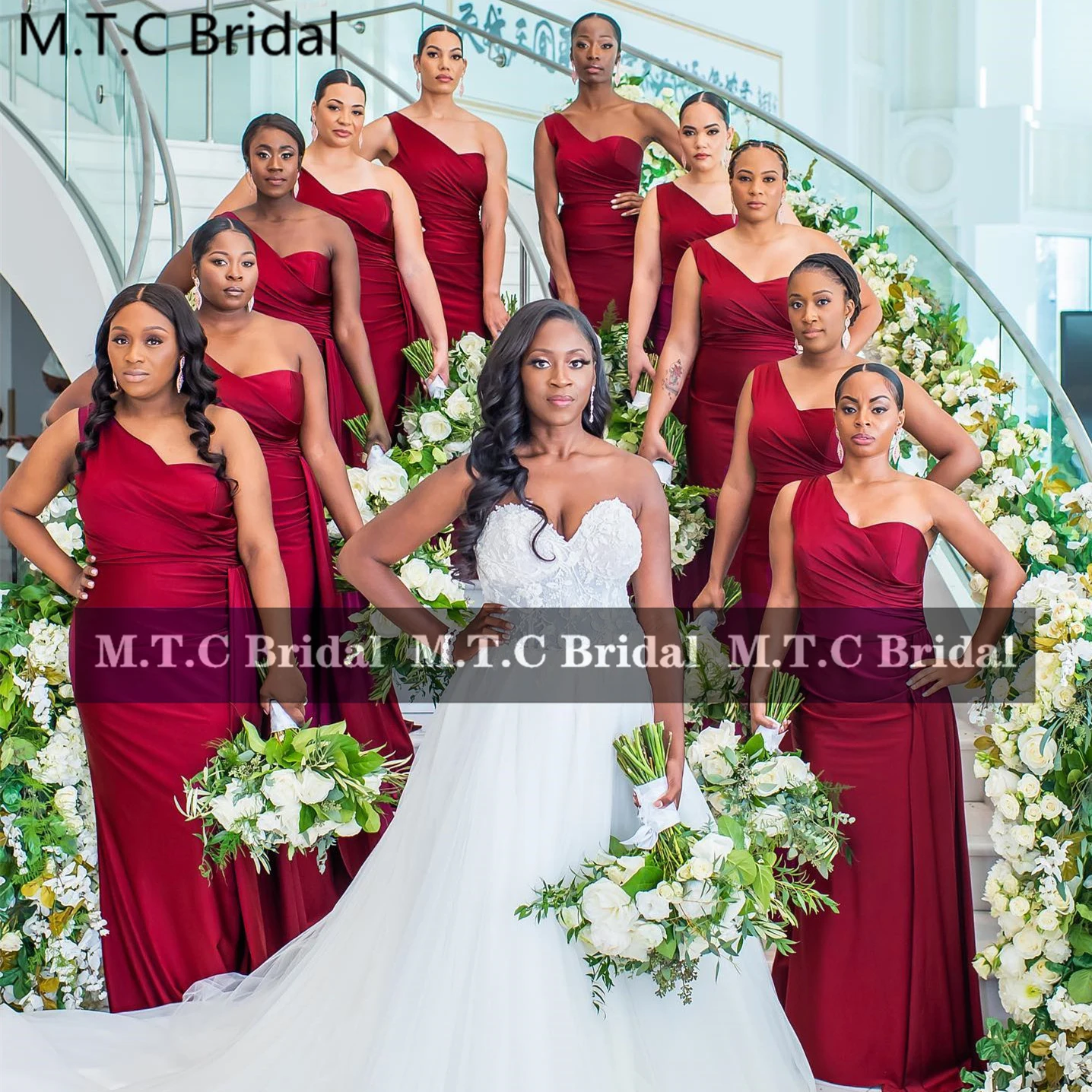 

Long Burgundy Mermaid Bridesmaid Dresses One Shoulder Corset Back Wholesale Wedding Party Gowns Cheap