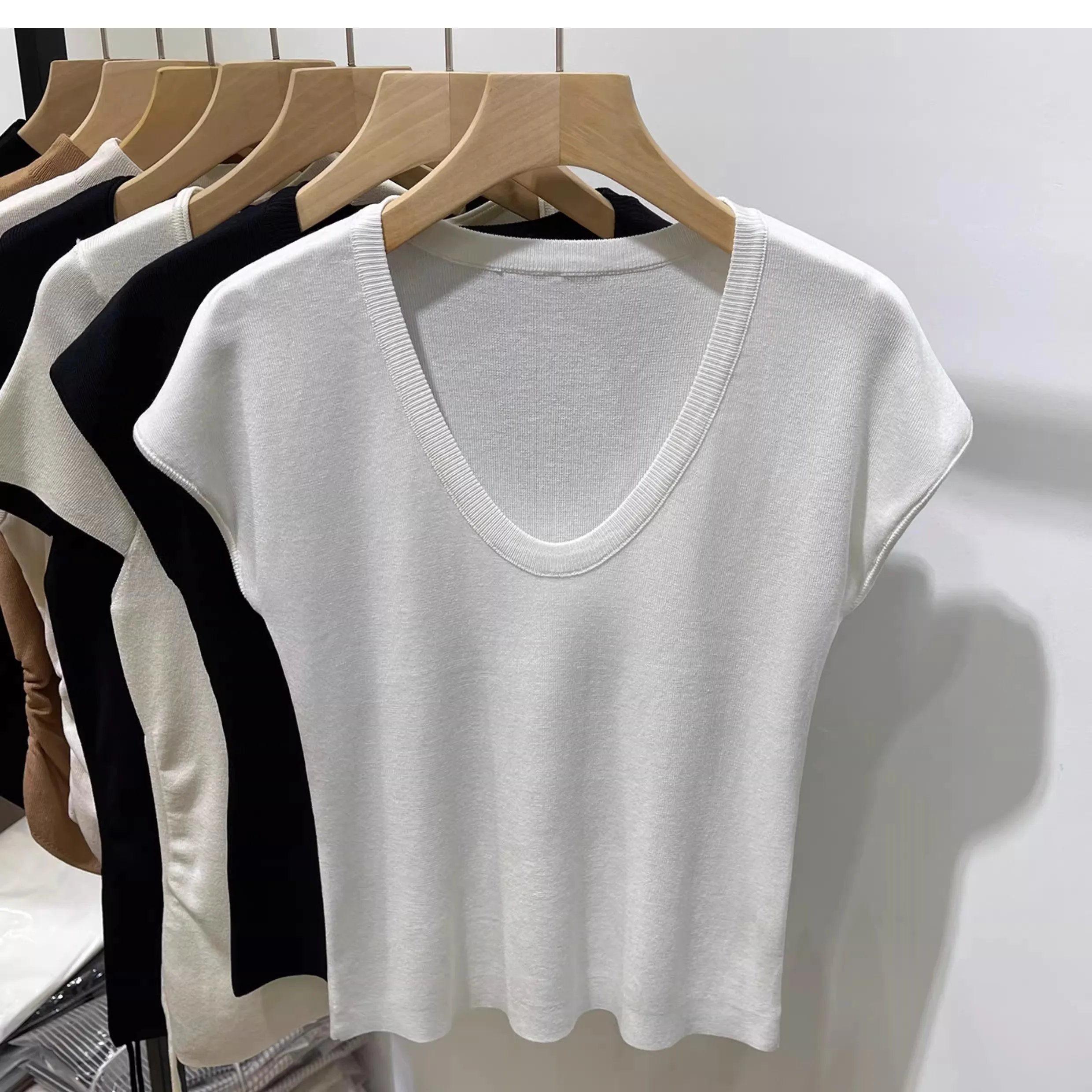 Trendiges Einfarbiges Vielseitiges T-Shirt 2026 Sommer U-Ausschnitt Strick Damen T-Shirt Slim Fit Kurzarm Casual Top – Detail 3