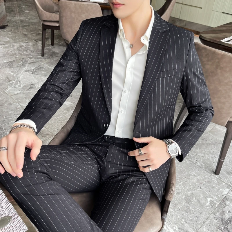 Men's Slim Fit Two-Piece Formal Suit Set Spring Autumn Stripes Business Casual Trousers And Jacket Combo