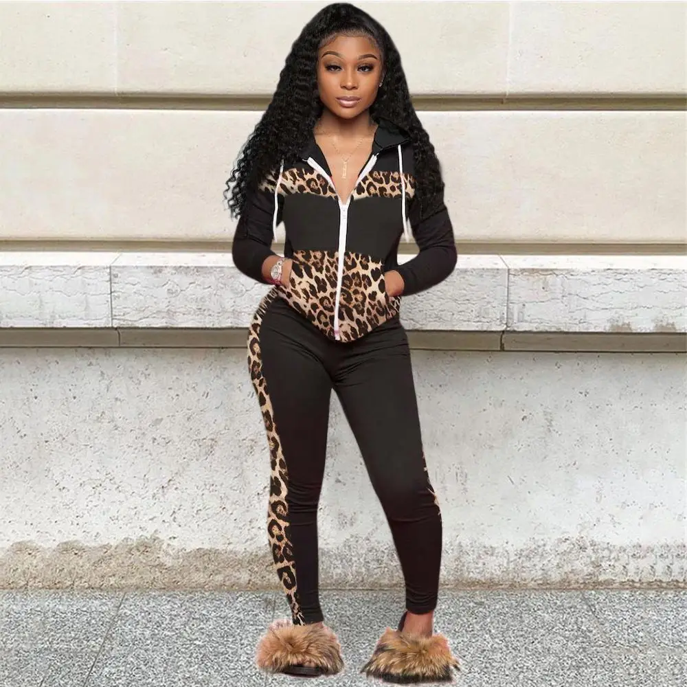 HAOOHU Women Tracksuit Leopard Two-Piece Set Autumn Urban 2023 Sweat Pant Suit Fall Women Clothing Outfits Casual Streetwear ins