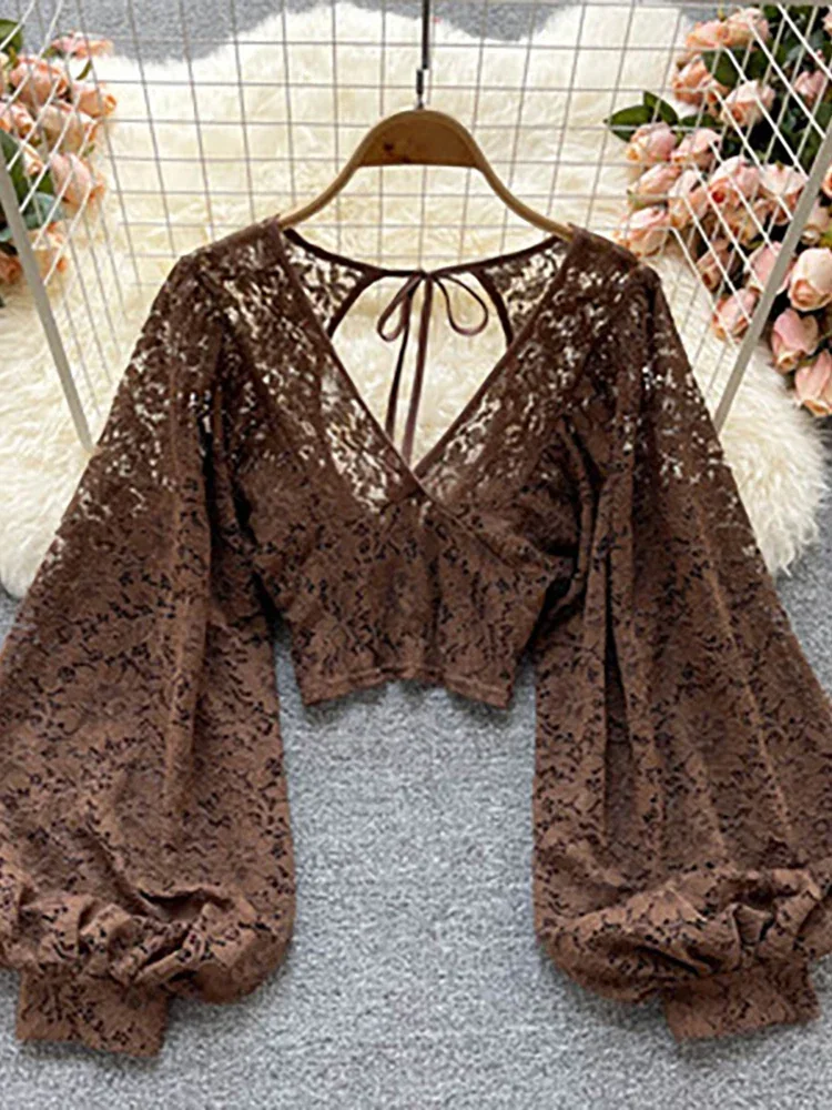 Fashion small sexy deep V-neck slim-fit design sense back hollow lacing sleeve super fairy short lace top