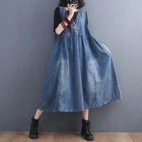 plus Size Women's Denim Dr Loose Fit Summer Faion High Waist A-Line Skirt ort Sve V-Ne Waed out Jeans Dr - Image 4
