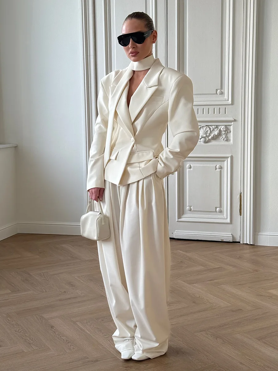 Bornladies  Autumn Winter New Women's Belted Neckline Tie Blazer Structured Shoulders Short Jacket Elegant Office Commuting Coat