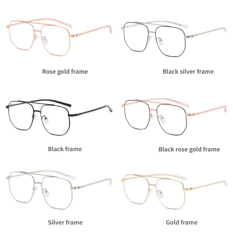 Sleek Blue Light Blocking Fashion Eyeglasses with Metal Double Bridge and Large Frame