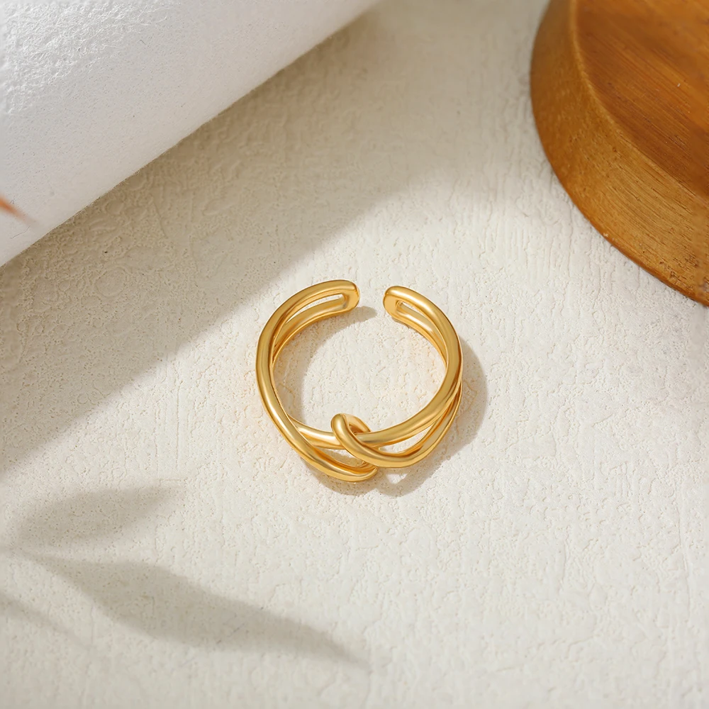 Hollow Double-layer Twisted Rope Knot Open Rings for Women Vintage Gold Plated Stianless Steel Geometric Ring New Retro Jewelry