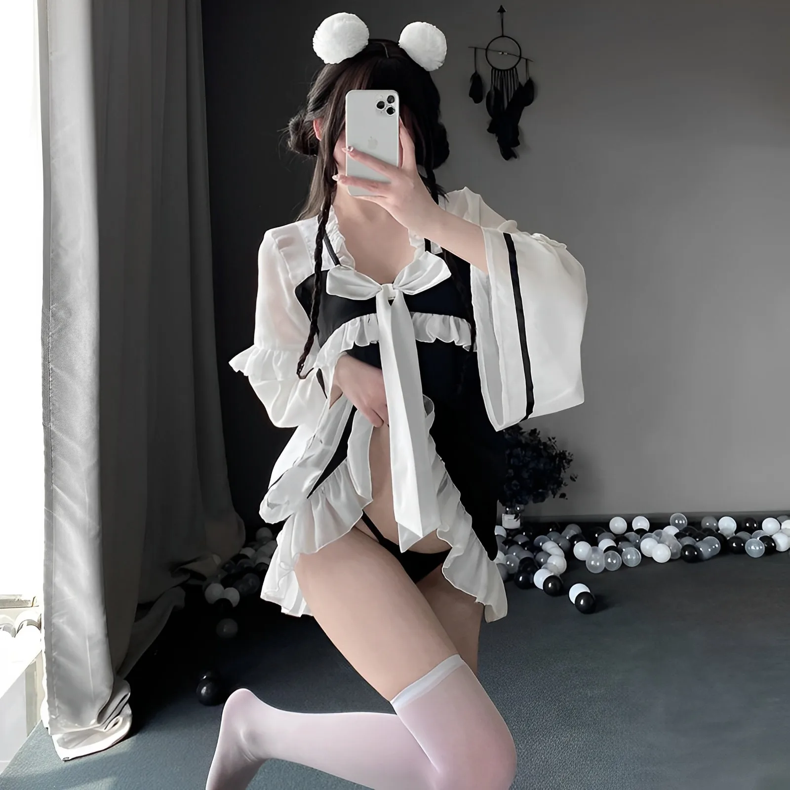 

Women Korean Anime Maid Cosplay Costume Japnese Miko Lingerie Dress Up Outfit For Woman White And Black Silky Pajamas Sleepwear