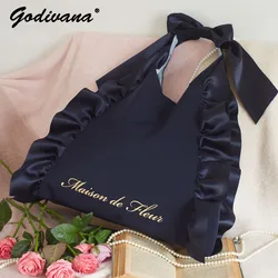 Japanese Style Bowknot Wooden Ear Satin Shoulder Bag Fashion Ballet Yoga All Match Women's Ruffled Shopping Bag
