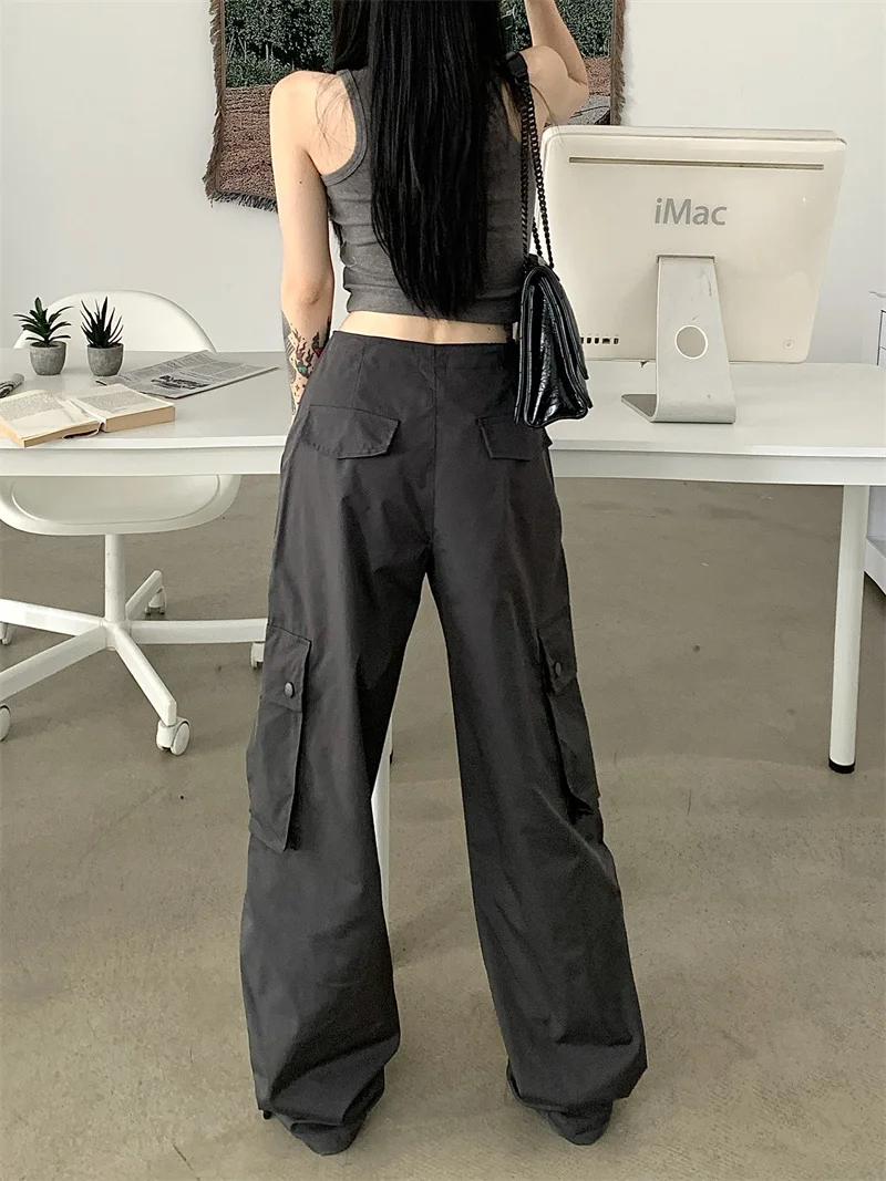 American Work Casual High Waist Cargo Pants Women's Summer Gray Pockets Loose Binding Elastic Waist Wide Leg Pants Long Pants