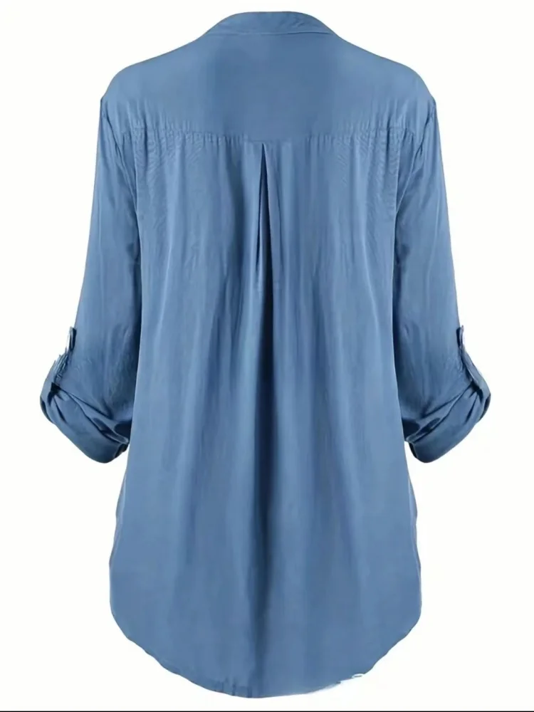 Women Casual Ladies Solid Color Turn-down Collar Lapel Long Sleeve Lace Stitching Hollow out Top Shirts DF5001