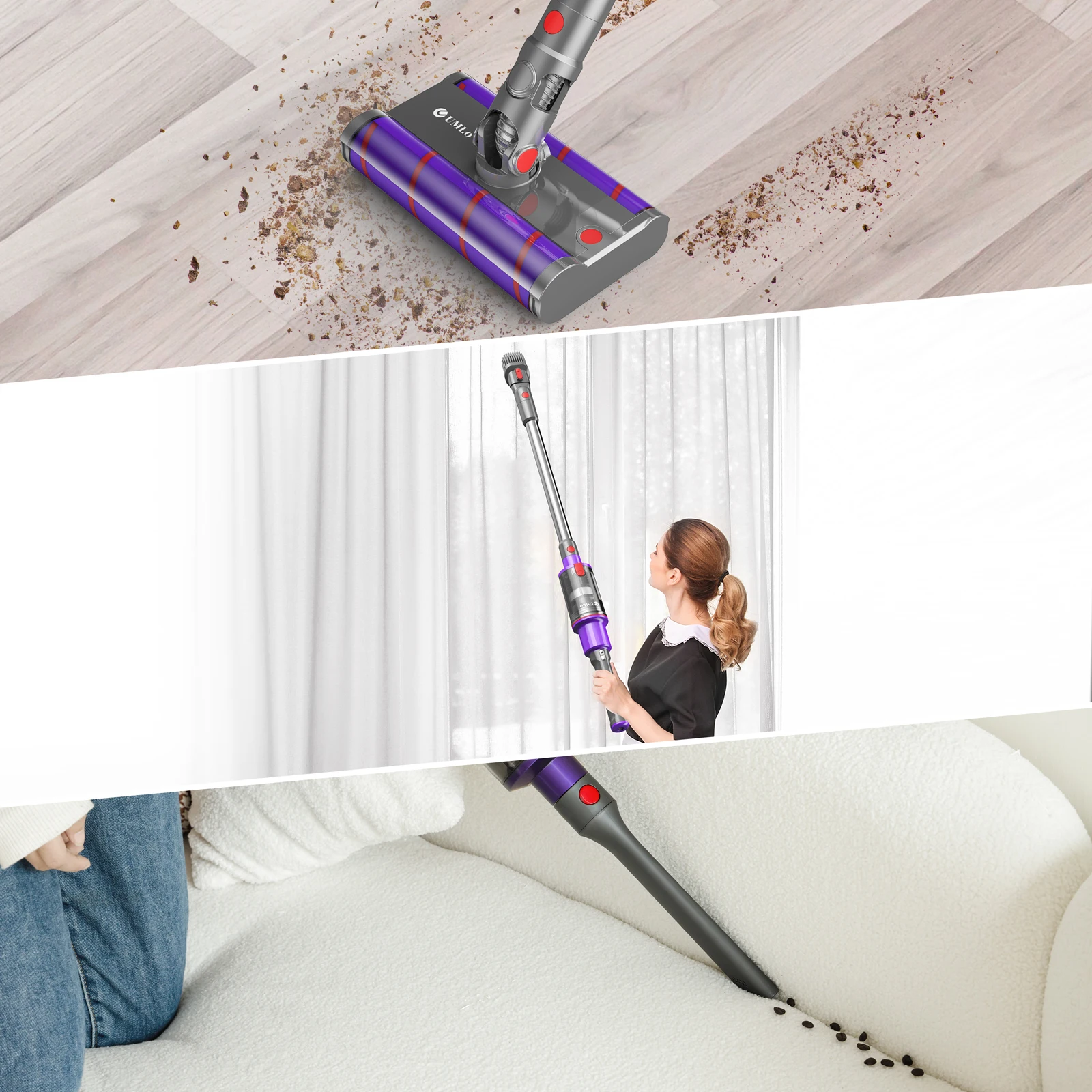UMLO V102 Cordless Vacuum Cleaner for Home Carpet Hard Floor Pet Hair, Powerful Stick Vacuum with Brushless Motor,Purple 4