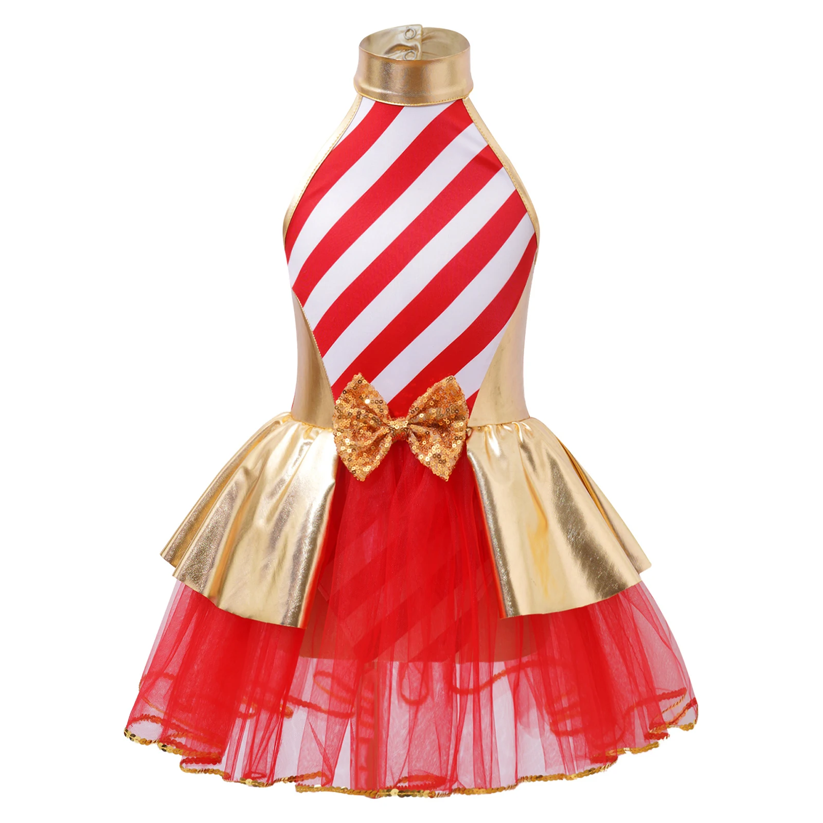 

Kids Girls Christmas Halter Neck Dress Sleeveless Open Back Sequins Bow Striped Tutu Dresses Bodysuit Performance Party Costumes