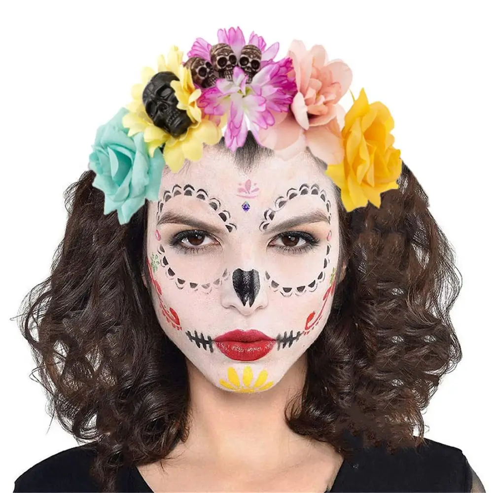Day of The Dead Halloween Rose Flower Headband Wedding Costume Cosplay Flower Headpiece Black Veil Party