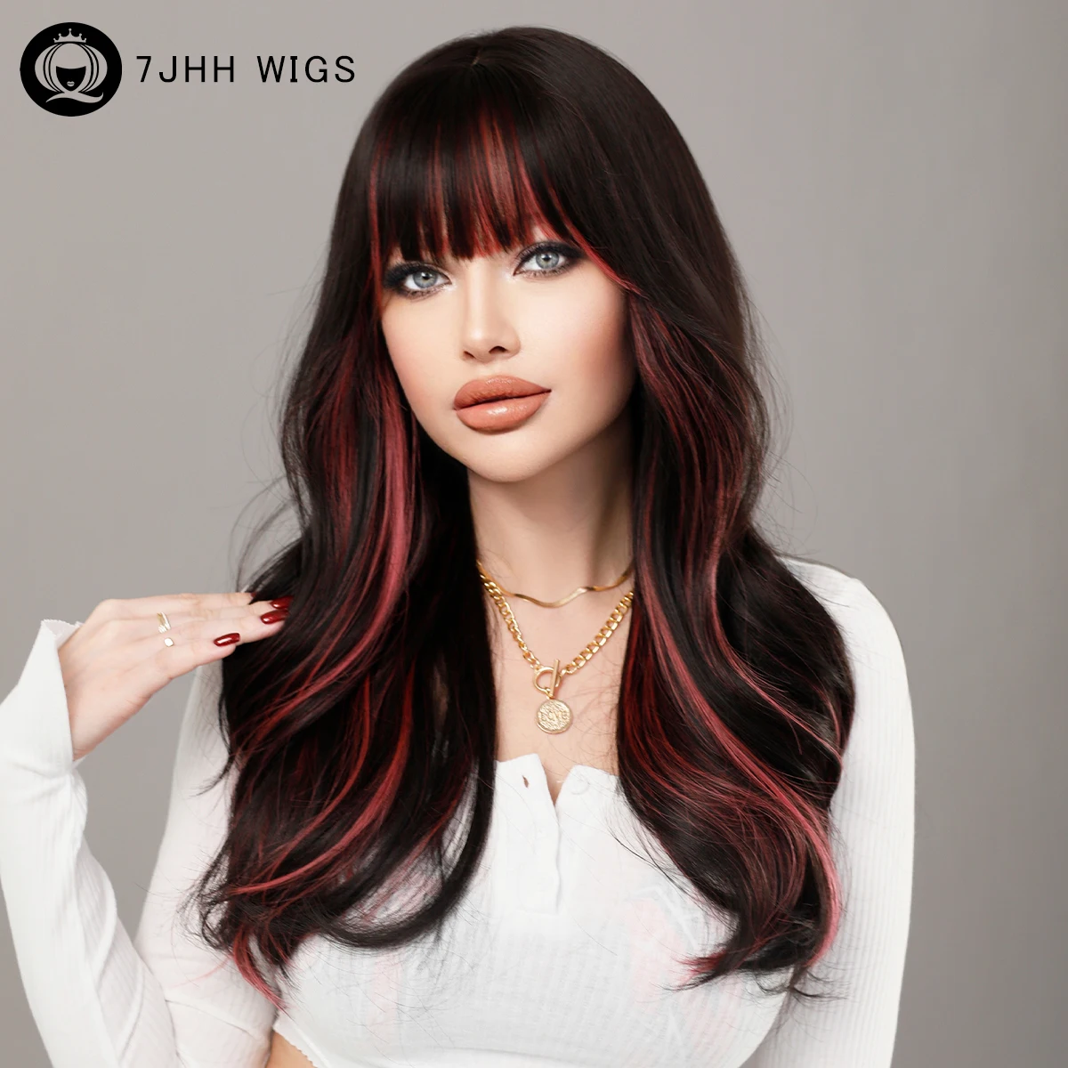 7JHH WIGS Long Wavy Black Wig for Women Highlight Pink Wigs with Bangs New Trend Synthetic Hair Wig Daily Use Heat Resistant