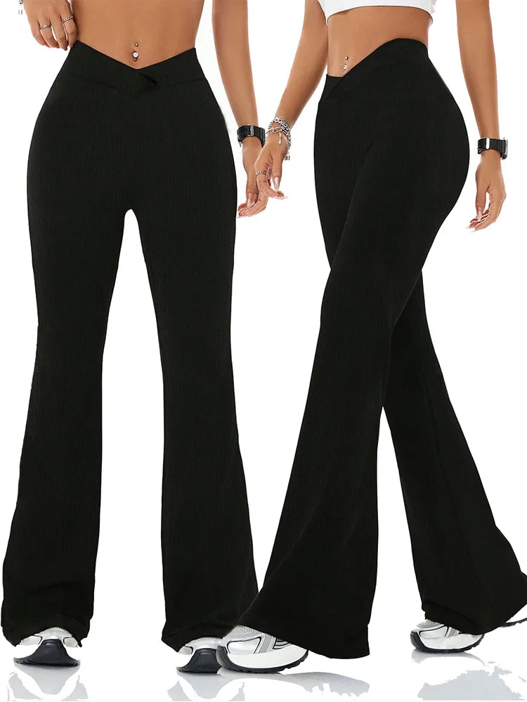 Women's high waist slim fit flared pants, solid color soft high elastic flared pants, retro style casual sportswear 3
