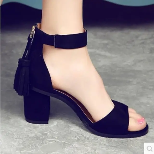 2022 New Thick Heel Sandals Women Summer Wild Large Size High Heel Mid-heel Buckle Sandals Open Toe Flock Pumps Black Shoes