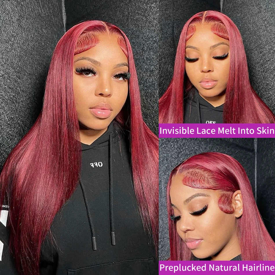250 Density 99J Burgundy 13x6 Lace Frontal Human Hair Wigs Brazilian Colored 30 40 Inch Straight Red Lace Front Wigs Human Hair 2