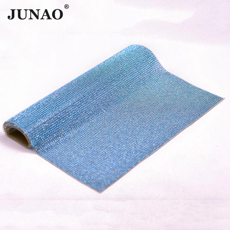 

JUNAO 24*40cm Aquamarine Color Glass Rhinestone Mesh Trim Hotfix Crystal Fabric Sheets Strass Ribbon Applique For Dress Crafts