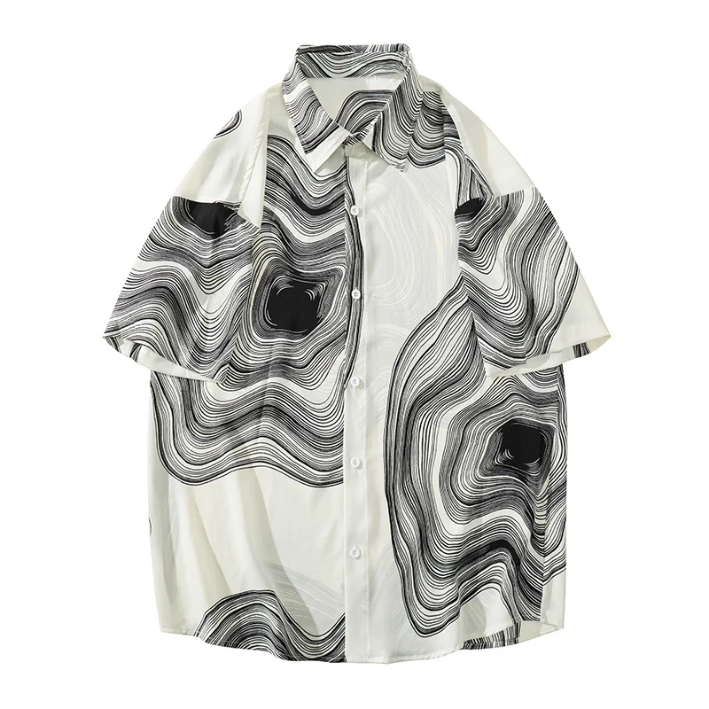 Summer Short Sleeve Shirt Men Fashion Retro Print Shirt Men Streetwear Loose Black White Ice Silk Mens Large Sizes M-5XL casual short sleeved shirt short sleeved shirt