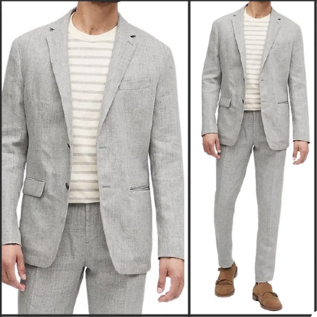 Summer Linen Light Gray 2 Piece Men Suits Tuxedo For Beach Wedding Party Jacket For Men High Quality Skinny Casual Costume Homme