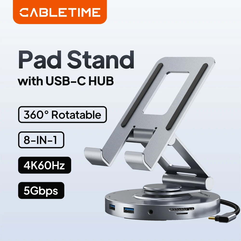 CABLETIME 8 in 1 멀티 USB C 허브(360 회전 스탠드 포함) HDMI 4K 60Hz PD 100W USB 5Gbps SD TF Aux 3.5mm(iPad Pro 태블릿 C441용)