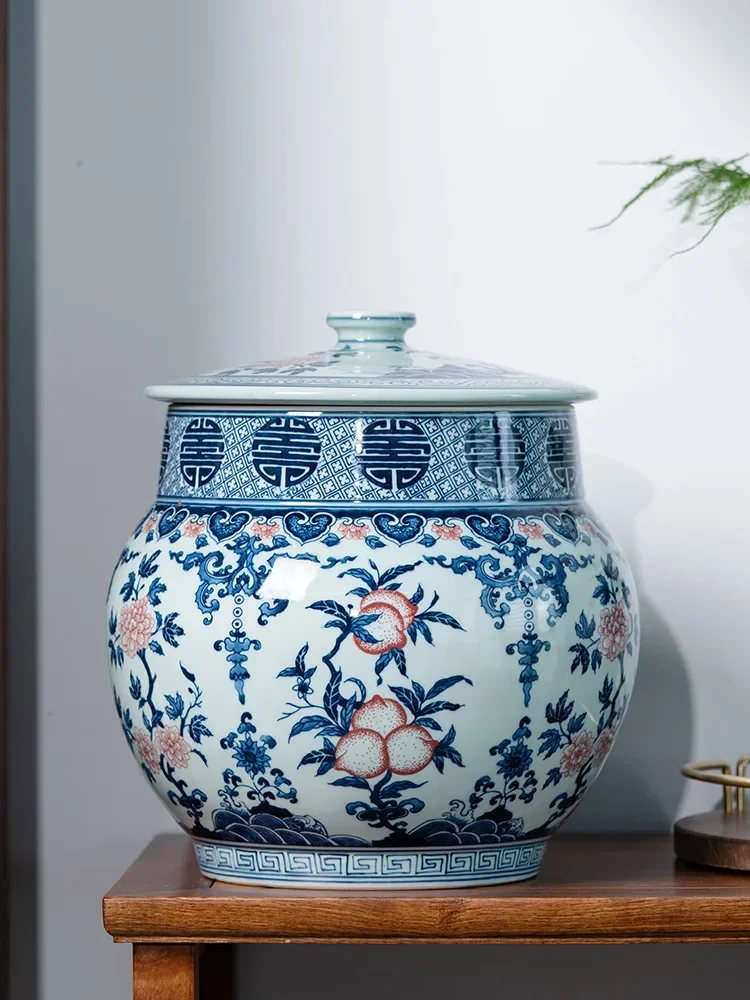 

Hand Painted Blue White Porcelain Tea Pot Ceramic Large Jingdezhen Tea Storage Tank Cylinder Household Tea in Bulk Sealed Jar
