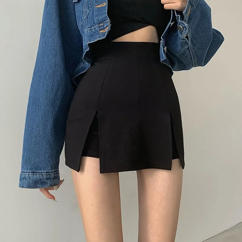 

A-line Large Sizes Black Skirt Women Summer Sexy Side Split Pants Irregular High Waist Thin Package Hip Short