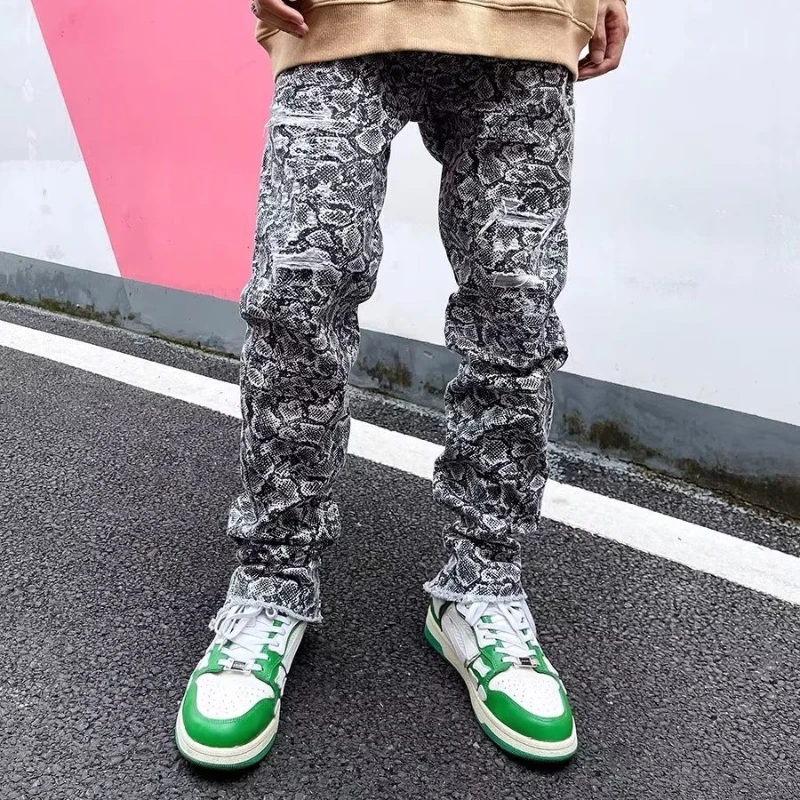 OIMG Y2K Streetwear Snake Graphic Baggy Zipper Ripped Jeans Pants For Men Clothing Straight Cotton Long Trousers Pantalon Homme