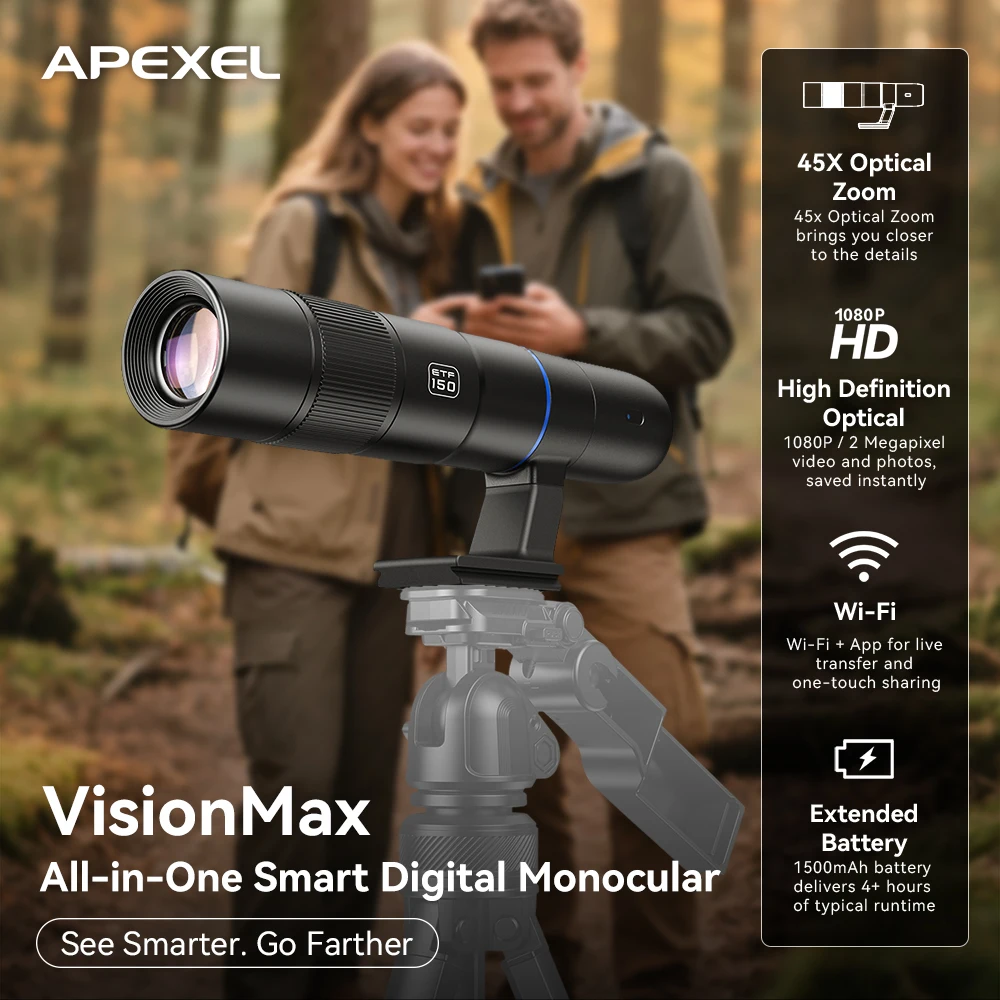 APEXEL 45X 광학 줌 비전맥스 올인원 휴대용 스마트 디지털 단안경 조류 관찰 캠핑용