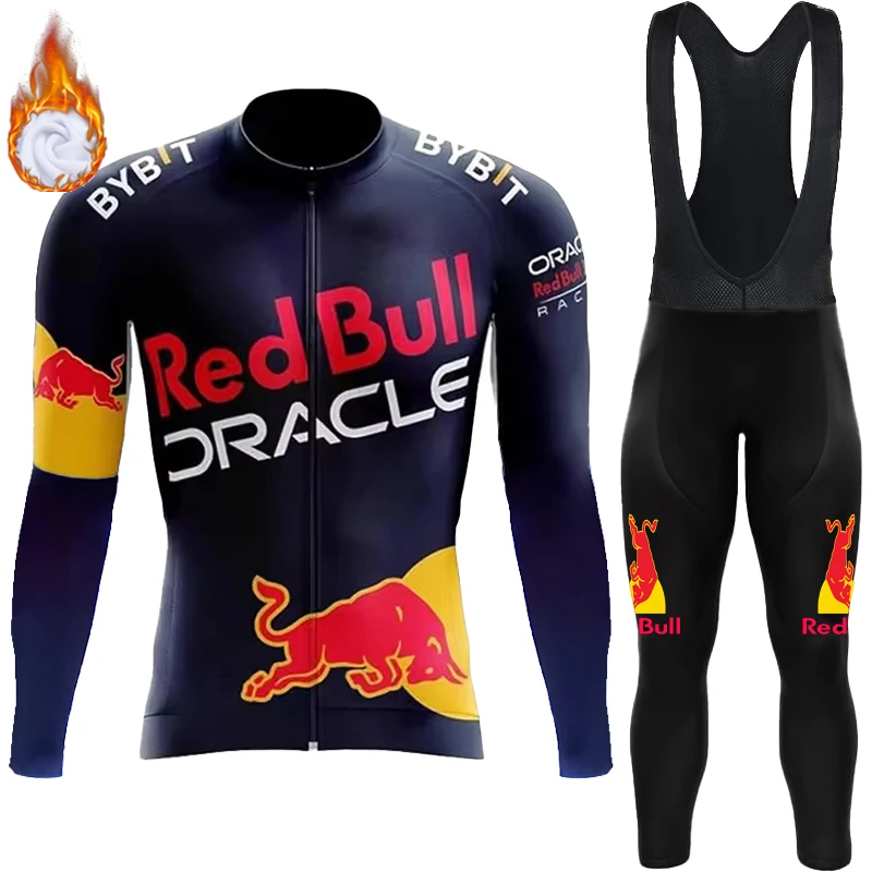 Men's Cycling Clothing 2024 Winter Thermal Fleece Jersey Bib Road Bike Uniform For Bicycle Red Bull Set Mtb Professional Shirt 2